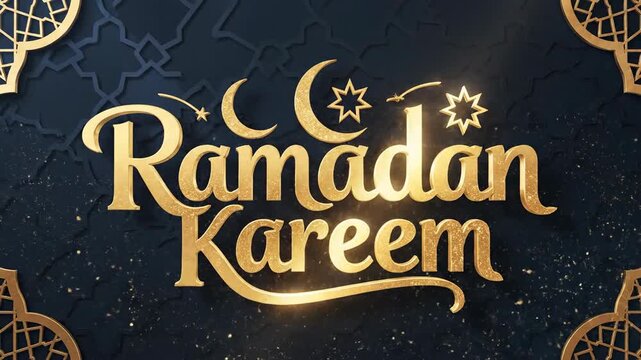 Elegant 3D gold Ramadan Kareem typography with crescent moon and star glowing on a dark patterned background with particles, ideal for religious promotions and digital greeting cards.
