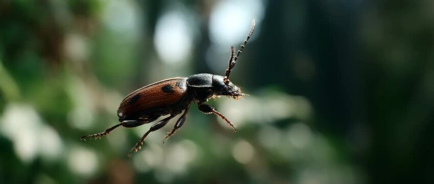 An intricately detailed beetle captured in motion amidst lush greenery.