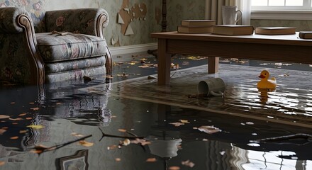flooded living room scene, IA generated