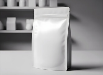 White resealable stand up pouch packaging on table in kitchen