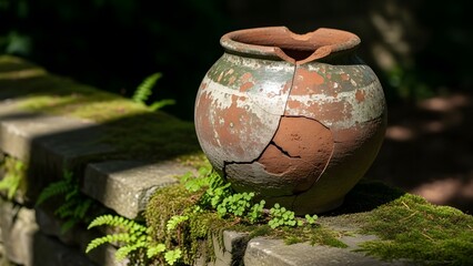 weathered, cracked terracotta pot