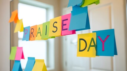 Praise day message spelled out with colorful sticky notes on mirror
