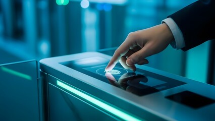 person using a modern electronic access control system, involving a biometric interface on a turnstile