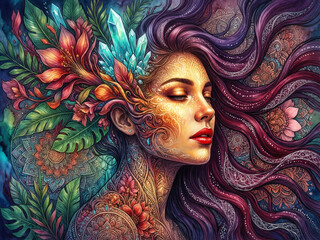 Volto di donna onirico con ornamenti zentangle e dettagli floreali in stile boh&eacute;mien