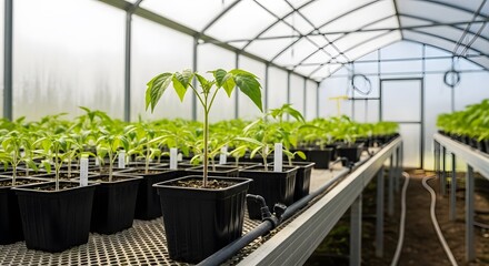 numerous young plant seedlings growing in black plastic pots inside a greenhouse