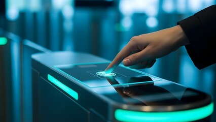 person using a modern electronic access control system, involving a biometric interface on a turnstile