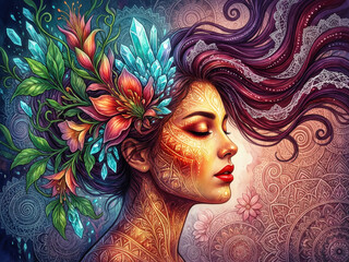 Volto di donna onirico con ornamenti zentangle e dettagli floreali in stile boh&eacute;mien
