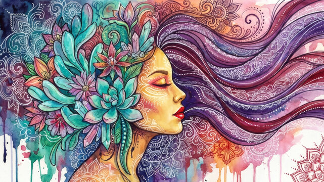 Ritratto surrealista di donna con fiori esotici e motivi mandala intricati ad acquerello