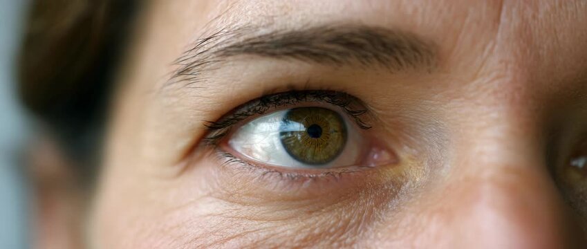 A macro shot of a human eye reflecting deep textures and colors.