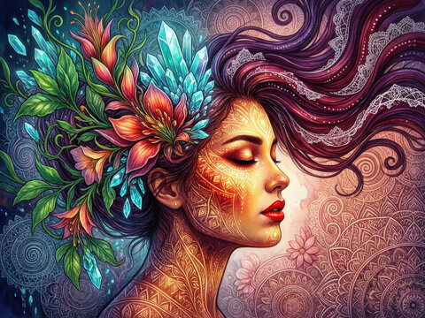 Volto di donna onirico con ornamenti zentangle e dettagli floreali in stile boh&eacute;mien