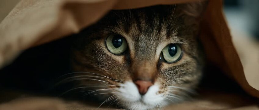 A close-up of a cat peeking from inside a paper bag, looking curious and alert.
