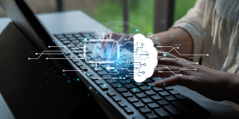 Concept of artificial intelligence and machine learning. A central processor transfers information to a cloud brain, representing a global neural network and deep learning. Fermion