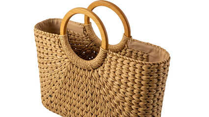 woven straw bag with round handles, isolated on transparent background PNG