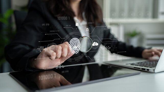 Biometric fingerprint identification and cybersecurity system ensuring secure access, identity verification, cloud data protection, and digital safety Latch - Powered by Adobe
