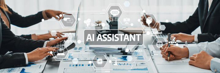 A dynamic office scene showcasing a team engaging with an AI assistant, highlighting collaboration...