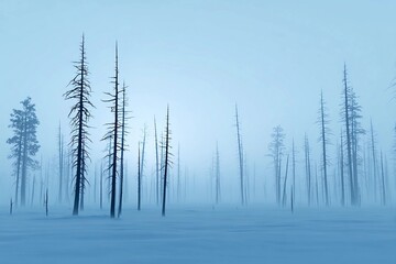Foggy winter scene with tall trees in the woods