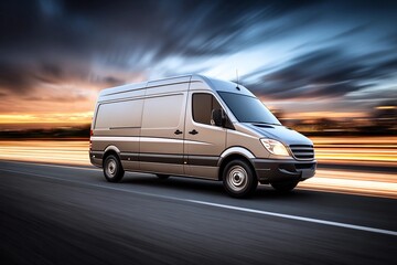 Obraz premium Delivery van drives fast on open road during sunset
