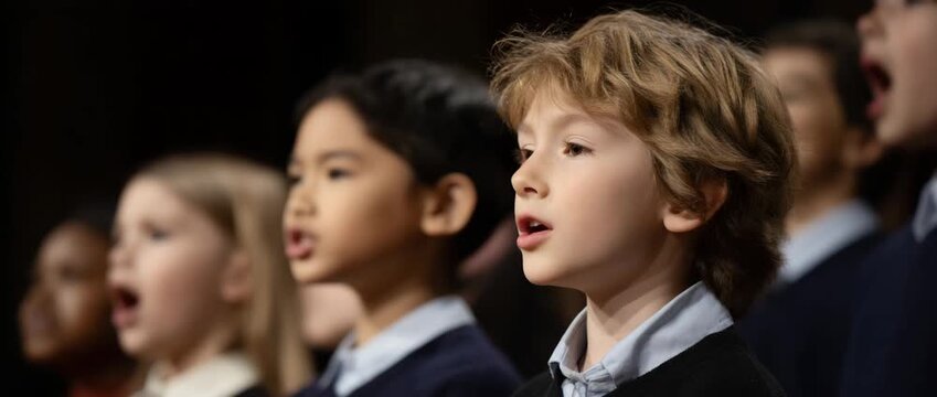 A group of children passionately singing in a lively choir performance.