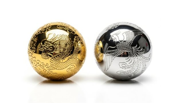 A pair of Chinese Baoding massage balls for hand therapy, stress relief, and relaxation, on a white background. AI generated.
