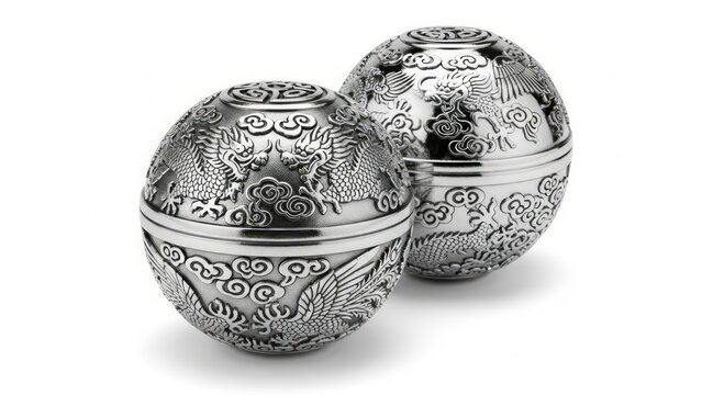 A pair of Chinese Baoding massage balls for hand therapy, stress relief, and relaxation, on a white background. AI generated.
