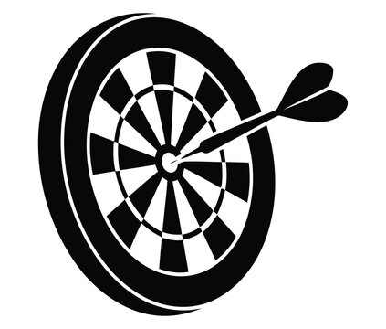 A black and white illustration of a dartboard with a dart hitting the center.