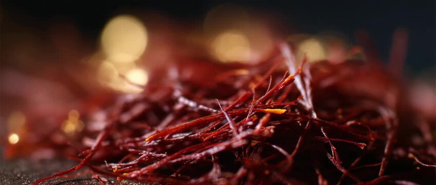 An artistic display of saffron threads glistening with light behind.