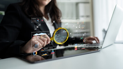 A big data visualization and business analytics dashboard grid. A complex collection of charts and graphs for comprehensive company reporting. Motif