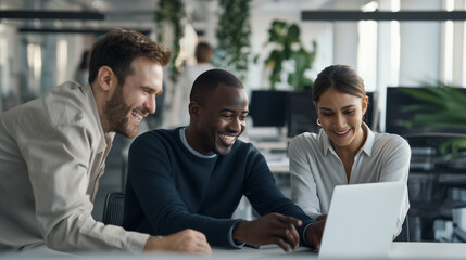Hyperrealistic premium commercial stock photo of three diverse coworkers collaborating in a modern office: two men and one woman sitting at a white desk with a laptop, one man lean