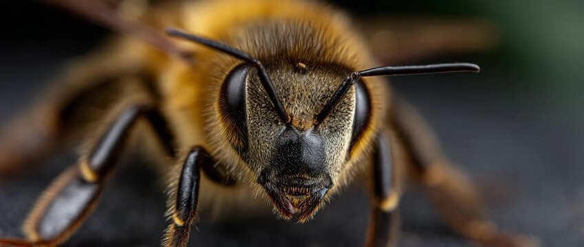 An intricate close-up reveals the features of a buzzing bee.