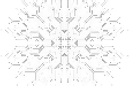 Minimalist grey square pixel pattern expanding from the center like a digital snowflake or geometric structure Vector Illustration