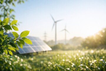 Sunlight illuminates green leaves in front of solar panels and wind turbines, symbolizing renewable energy and sustainability.