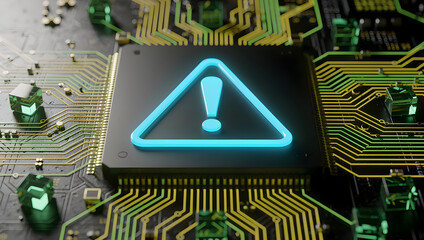 Digital warning alert symbol on processor chip, cybersecurity risk concept for system errors, hardware failure detection, data protection, network monitoring, and modern technology safety