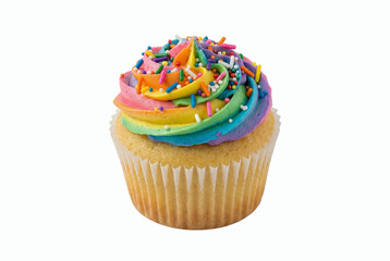 Delicious Vanilla Cupcake with Rainbow Swirl Frosting and Colorful Sprinkles