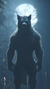 Terrifying werewolf creature standing in snowy forest at night with full moon creating dramatic atmospheric horror scene with blue moonlight and mystical fantasy ambiance

