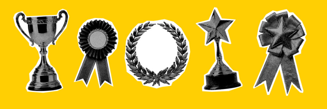 Set of halftone trophy and award icons for sports winners and corporate achievement design elements