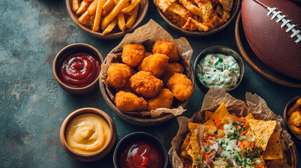 Game day party snacks on grey table. Tasty junk food for watching American football includes chicken nuggets french fries, nachos with dipping sauces. Ball lies near wooden bowls of ketchup, mayo