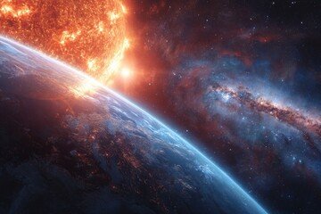 Obraz premium Fiery sun illuminates a glowing planet and distant nebula in cosmic expanse