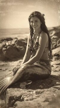 Beautiful mermaid sitting on rocky beach shore in vintage sepia tone photograph with ocean background creating nostalgic antique fantasy portrait with weathered texture effect

