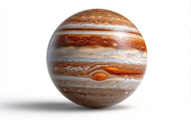 A gaseous giant planet with swirling bands of orange, brown, and white clouds