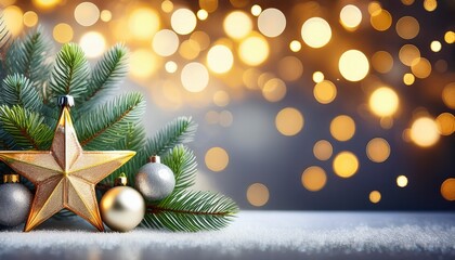 Festive Christmas Ornaments With Gold Star Silver Baubles Pine Branches And Bokeh Lights For Holiday Season And Celebrations