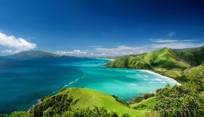 Coastal Paradise Vibrant Turquoise Water Lush Green Hills Serene Scene