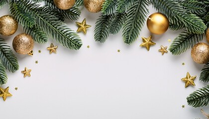 Christmas Border With Fir Branches And Golden Decorations