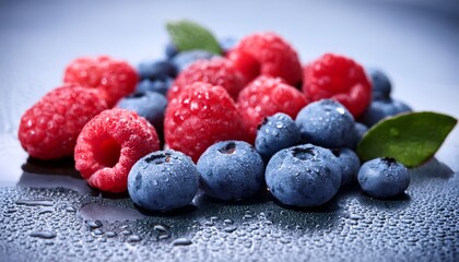 Fresh Raspberries And Blueberries With Dew Dropsr