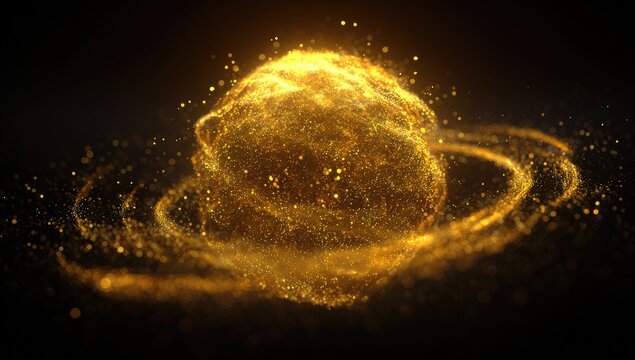 A glowing orb of golden particles with rings, against a dark background