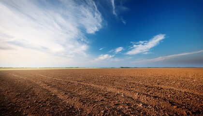 Empty Brown Soil Of Field And Blue Sky For Natural Background