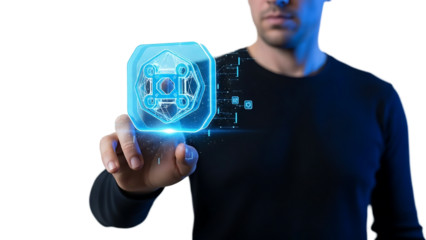 A man in a black shirt holding a glowing blue digital shield on transparent background