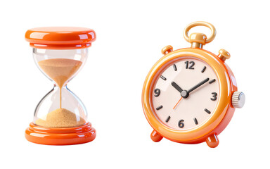 an orange hourglass and an orange pocket watch displayed side by side on transparent background high quality professional detailed modern elegant