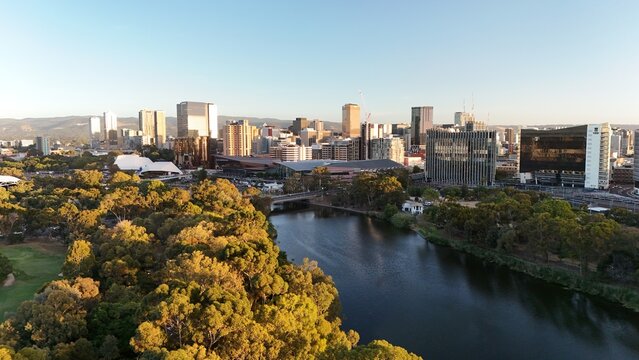 Adelaide City, South Australia &ndash; Aerial Drone View of City Skyline, CBD, urban landscape, River Torrens, Parklands, Adelaide Oval, Hospitals, University and North Adelaide at Sunset
