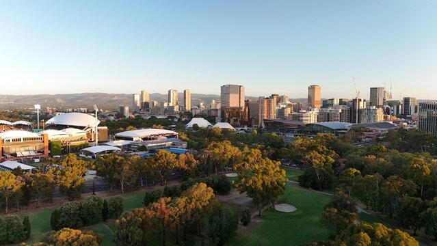 Adelaide City, South Australia &ndash; Aerial Drone View of City Skyline, CBD, urban landscape, River Torrens, Parklands, Adelaide Oval, Hospitals, University and North Adelaide at Sunset
