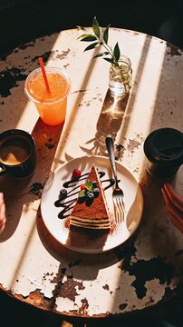 layered tiramisu dessert with fresh berries, coffee cups, citrus drink, and rustic caf&eacute; table